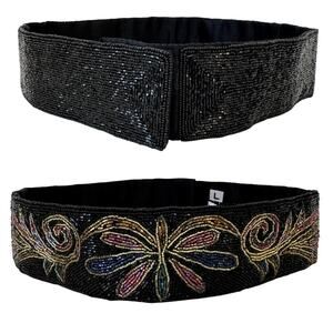 La Regale Handmade Fully Sequin Embellished Belt Satin Black Multi L NWT